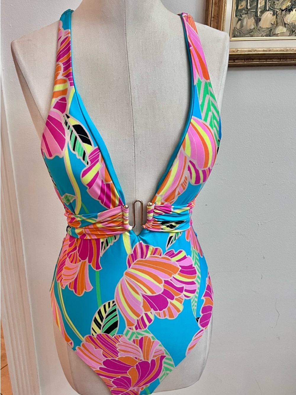 Women Floral One-Piece Swimsuit in Bright Turquoise with flowers
